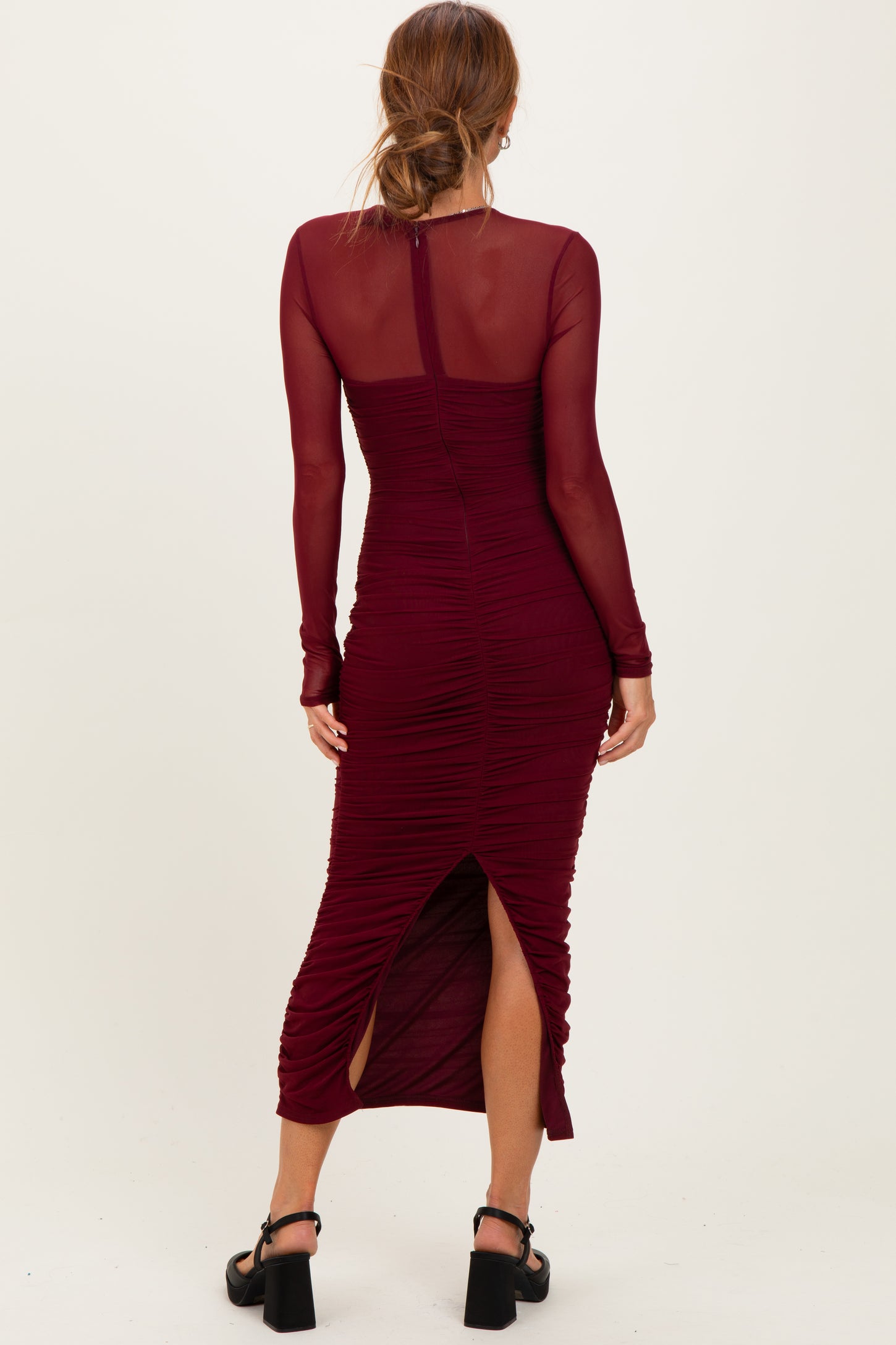 Burgundy Mesh Ruched Long Sleeve Midi Dress Burgundy Mesh Ruched Long Sleeve Midi Dress