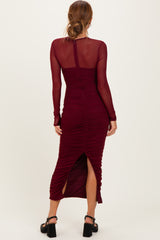 Burgundy Mesh Ruched Long Sleeve Midi Dress