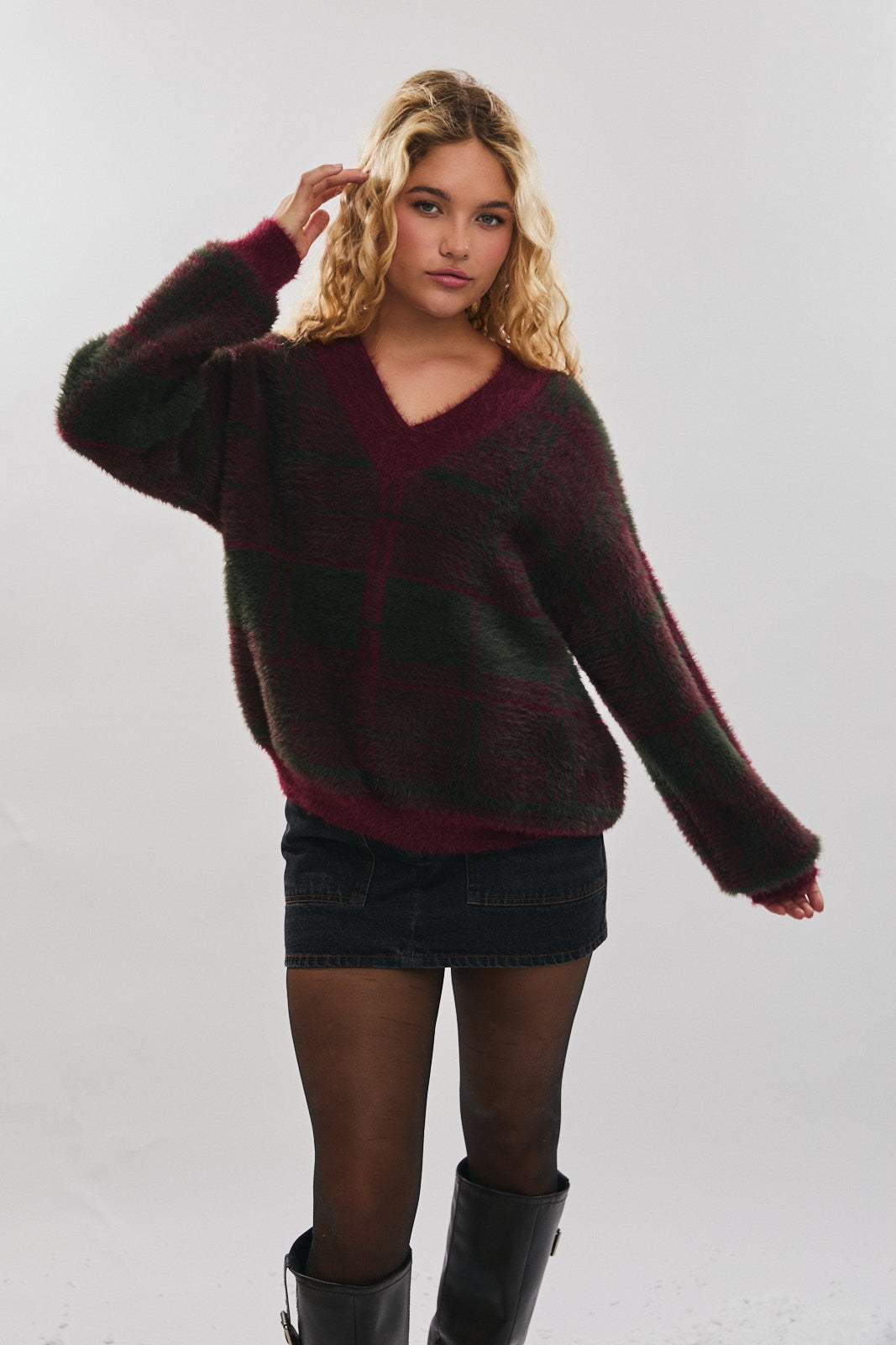Burgundy Plaid Fuzzy Knit V-Neck Sweater