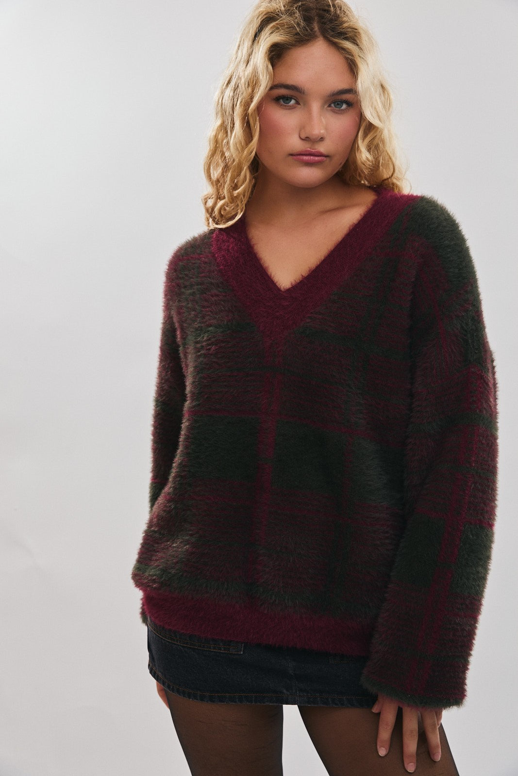 Burgundy Plaid Fuzzy Knit V-Neck Sweater