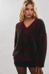 Burgundy Plaid Fuzzy Knit V-Neck Maternity Sweater