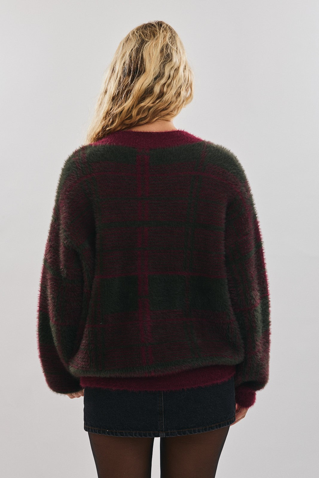 Burgundy Plaid Fuzzy Knit V-Neck Sweater