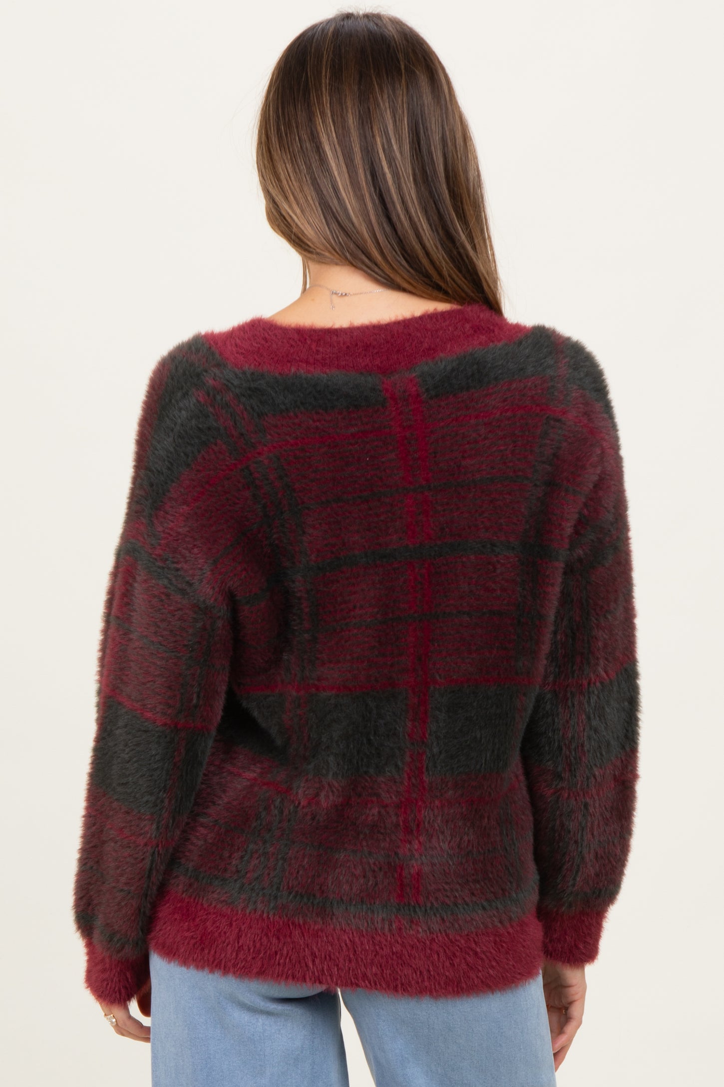 Burgundy Plaid Fuzzy Knit V-Neck Maternity Sweater