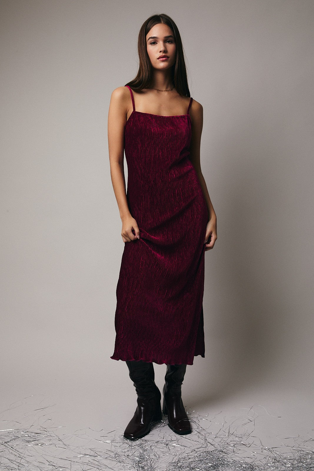 Burgundy Velvet Sleeveless Side Slit Maternity Midi Dress