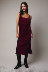 Burgundy Velvet Sleeveless Side Slit Midi Dress