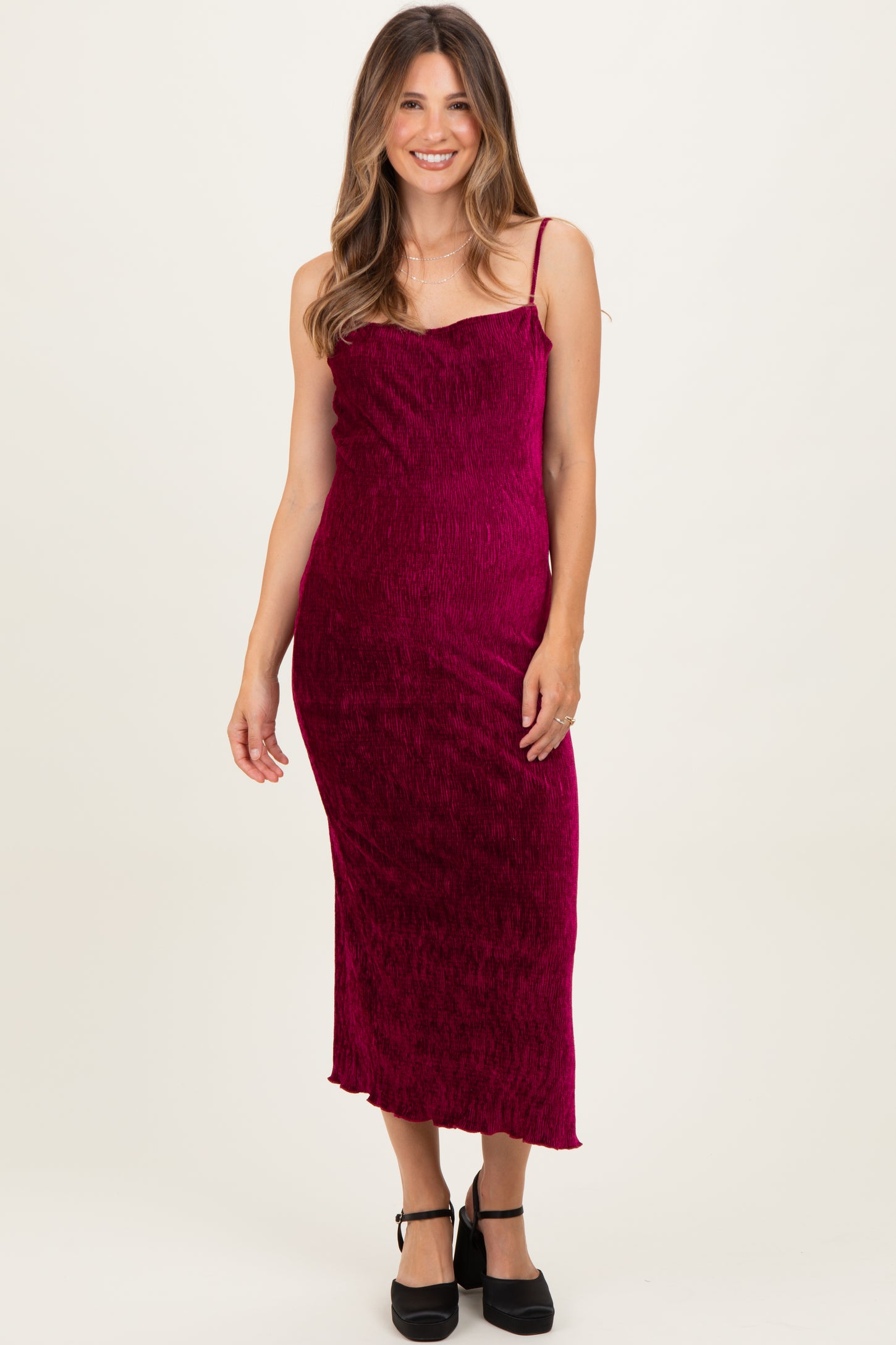 Burgundy Velvet Sleeveless Side Slit Maternity Midi Dress Burgundy Velvet Sleeveless Side Slit Maternity Midi Dress