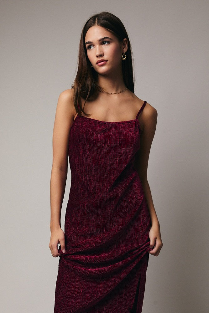 Burgundy Velvet Sleeveless Side Slit Midi Dress