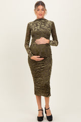Olive Floral Velvet Mesh Ruched Maternity Midi Dress