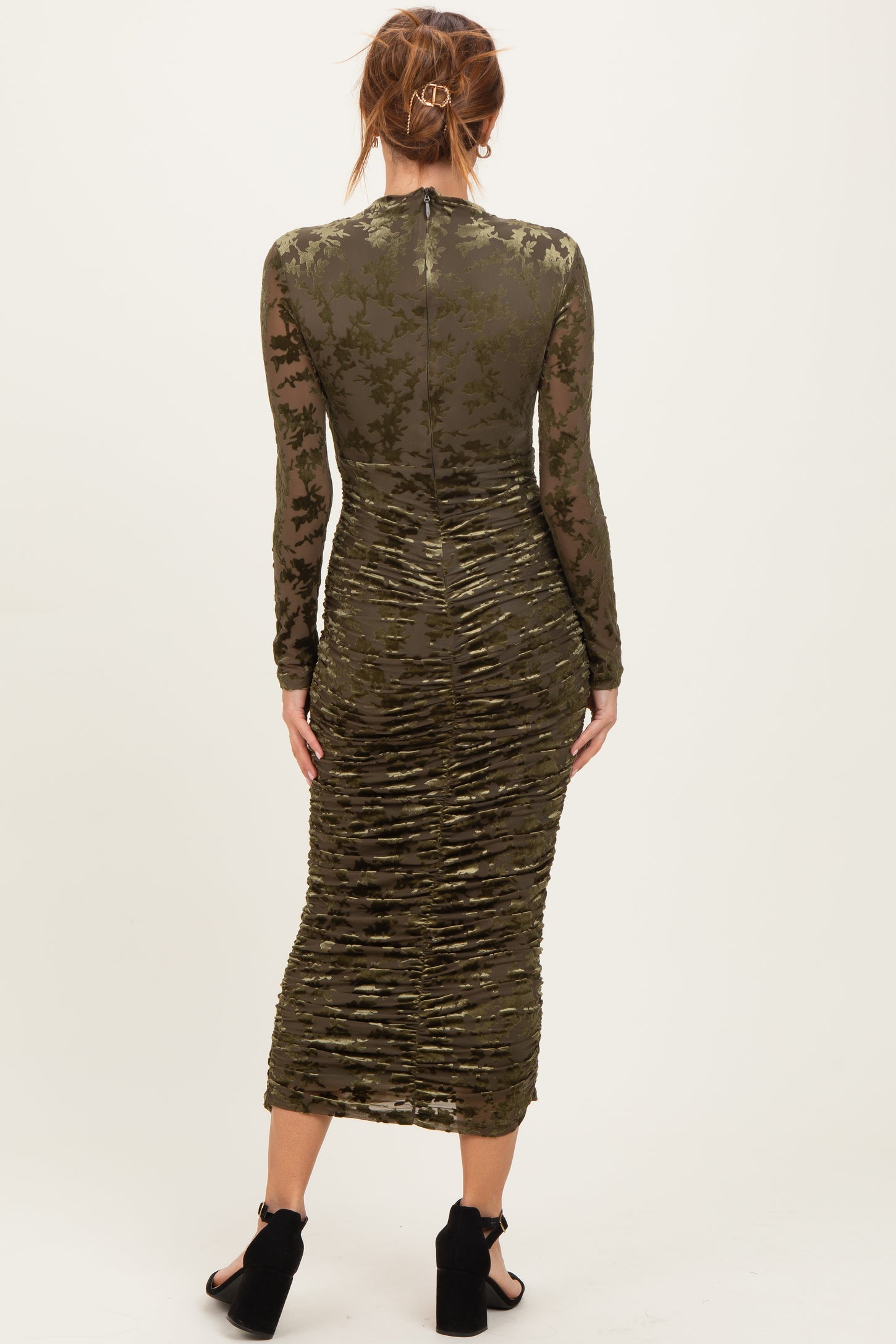 Olive Floral Velvet Mesh Ruched Midi Dress