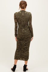 Olive Floral Velvet Mesh Ruched Midi Dress