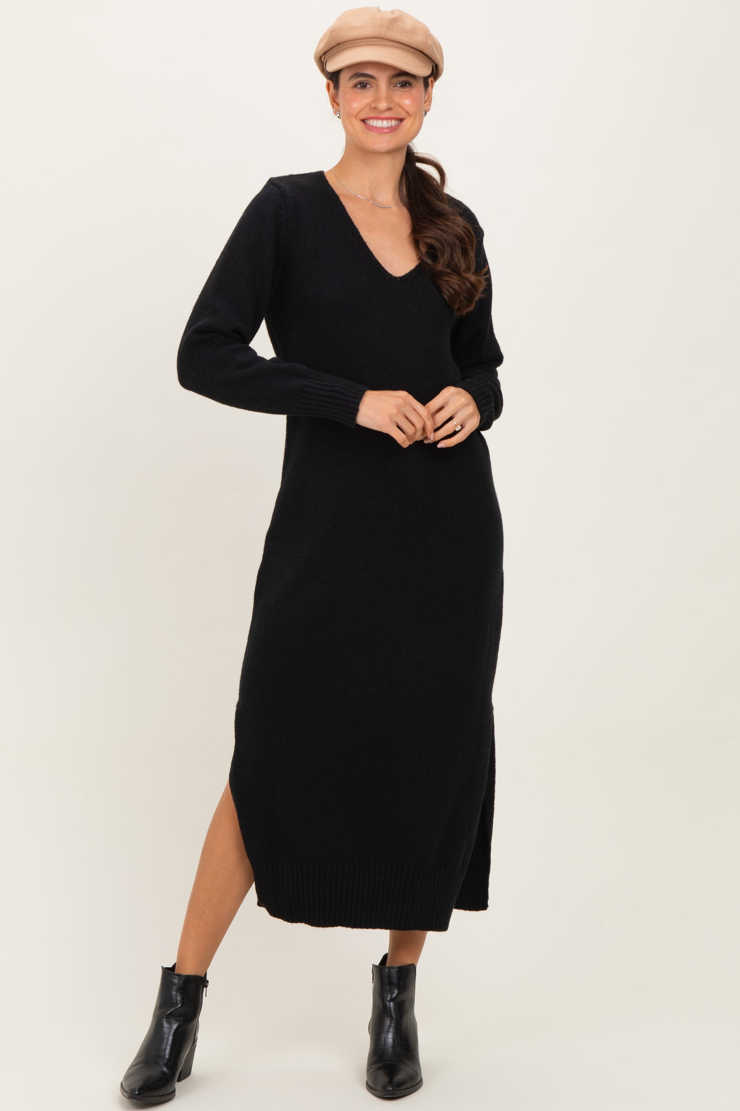 Black V-Neck Relaxed Fit Sweater Dress Black V-Neck Relaxed Fit Sweater Dress