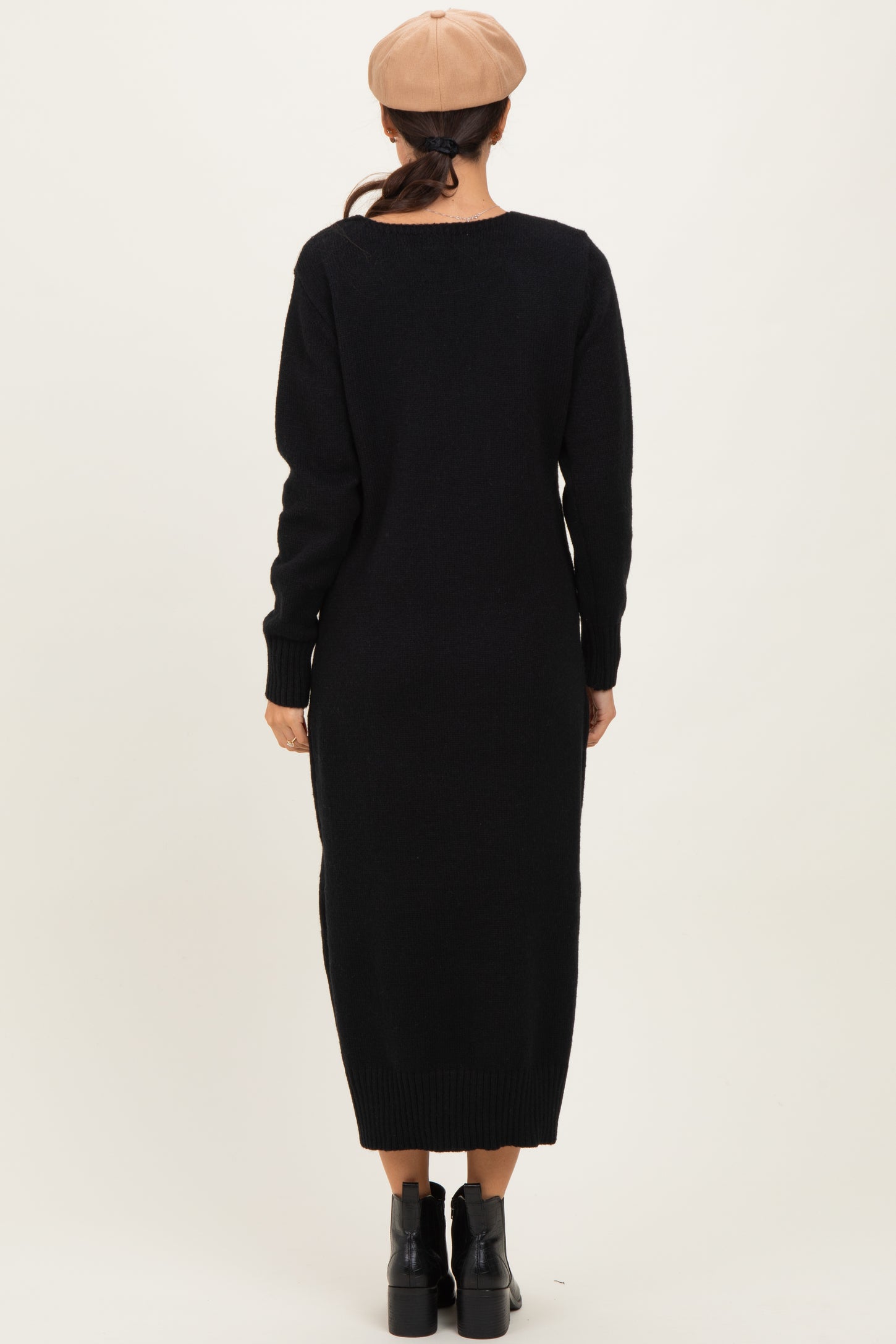 Black V-Neck Relaxed Fit Sweater Dress