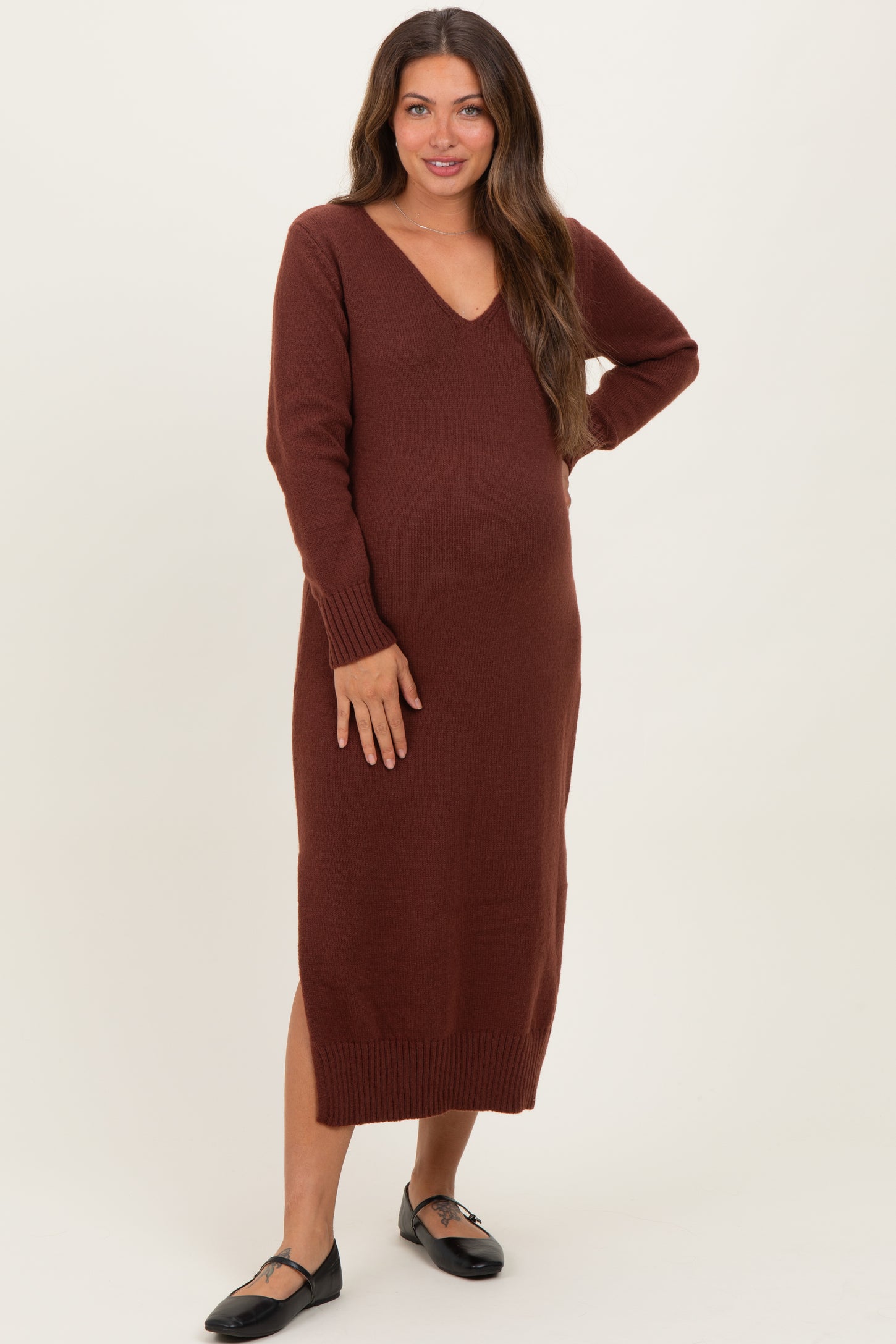 Brown V-Neck Relaxed Fit Maternity Sweater Dress