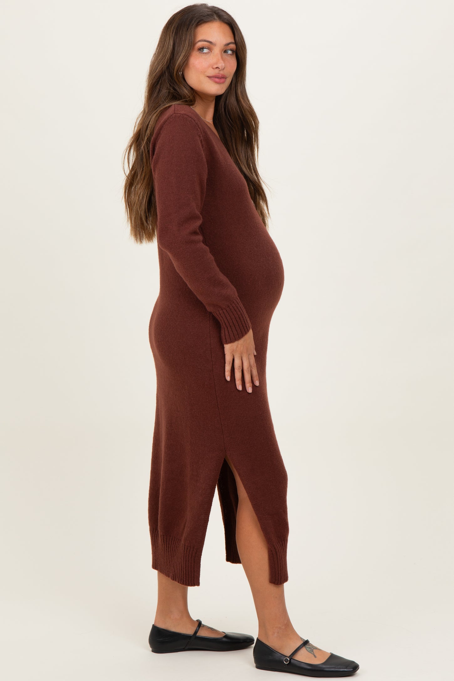 Brown V-Neck Relaxed Fit Maternity Sweater Dress