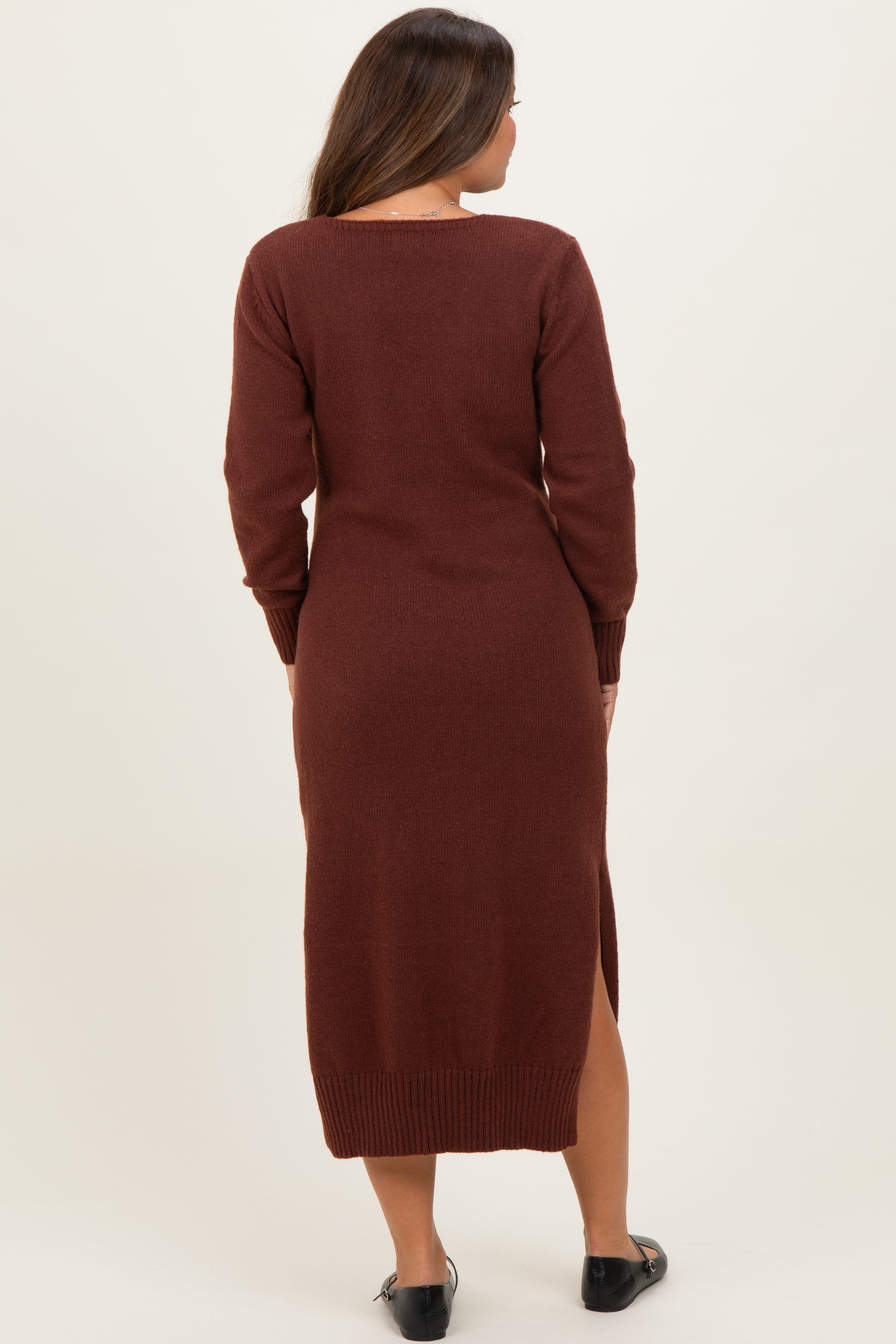 Brown V-Neck Relaxed Fit Maternity Sweater Dress