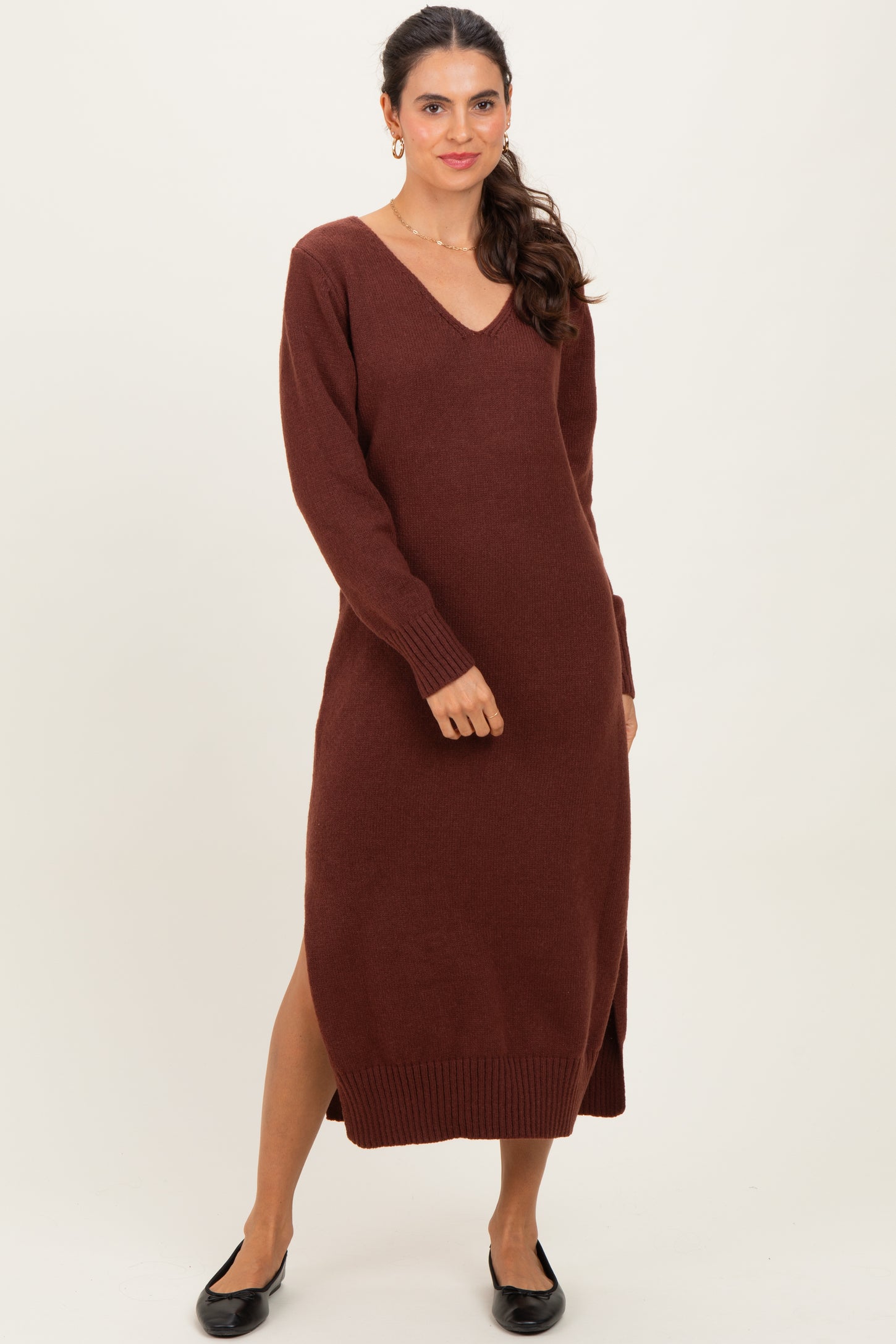 Brown V-Neck Relaxed Fit Sweater Dress Brown V-Neck Relaxed Fit Sweater Dress