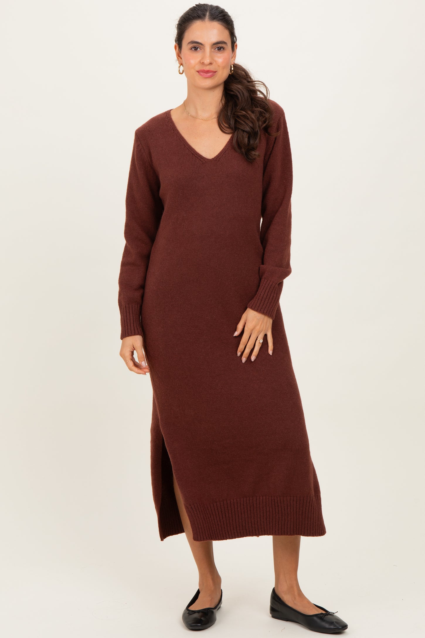 Brown V-Neck Relaxed Fit Maternity Sweater Dress