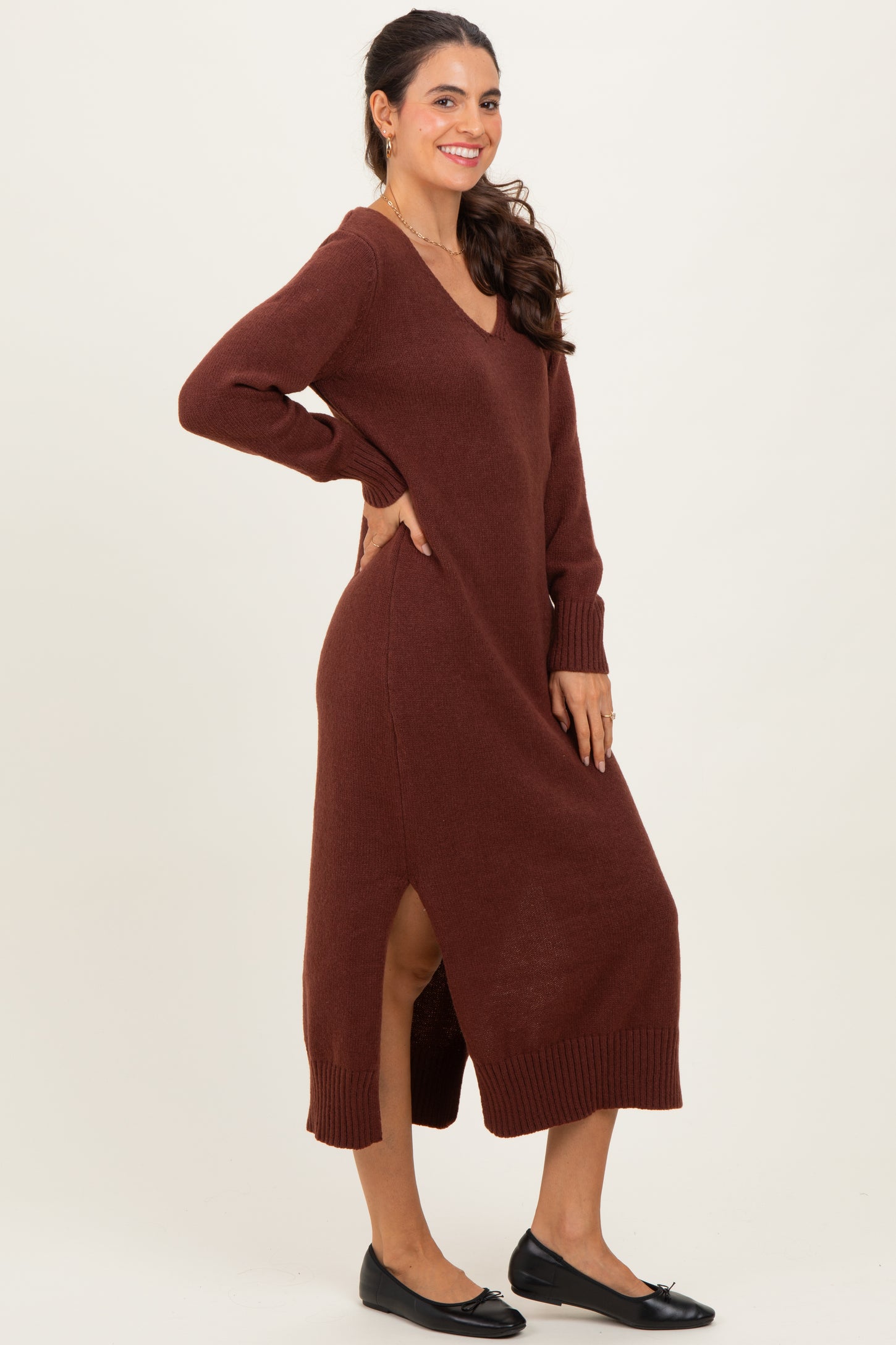 flattering sweater dress Brown V-Neck Relaxed Fit Sweater Dress