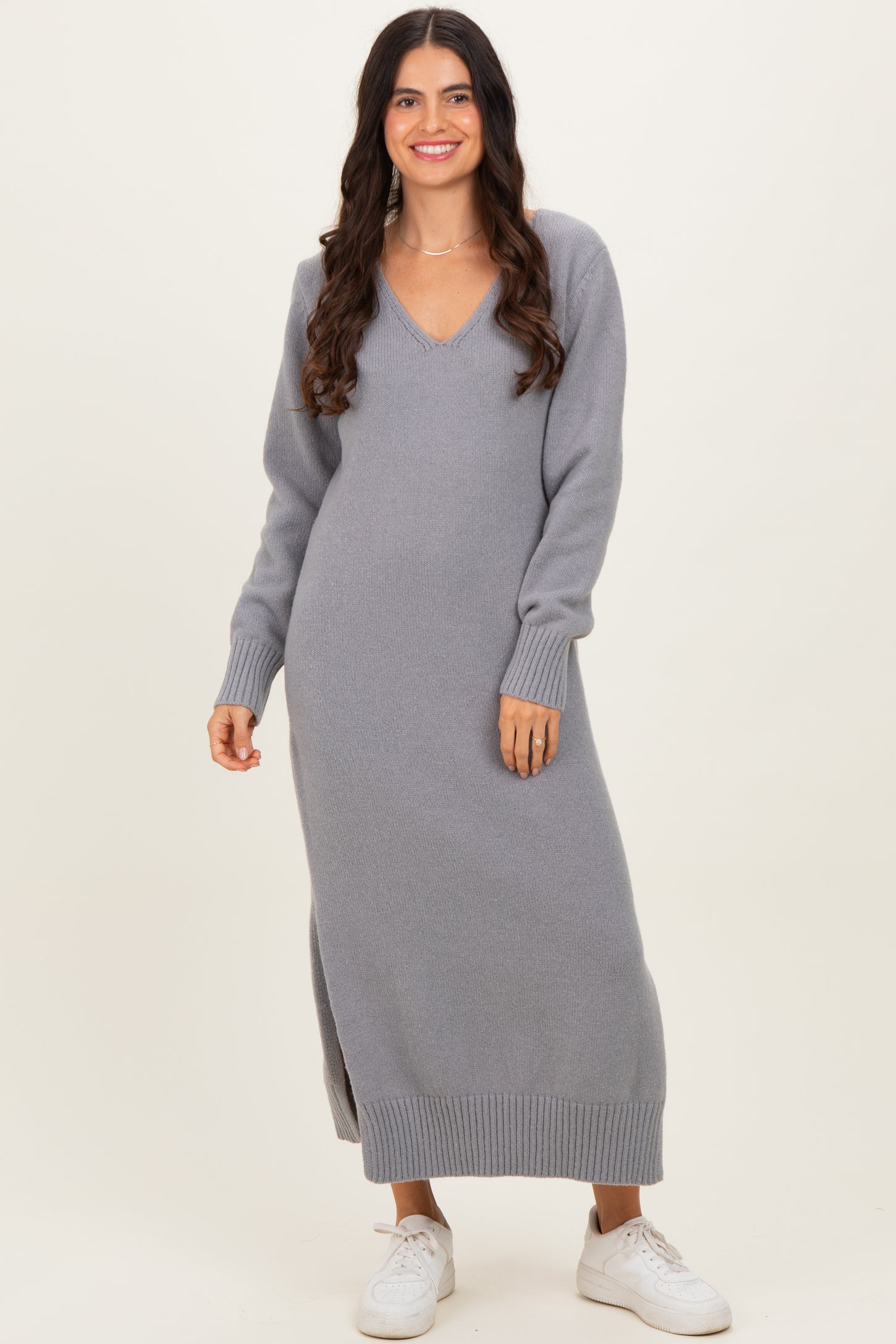 Heather Grey V-Neck Relaxed Fit Maternity Sweater Dress Heather Grey V-Neck Relaxed Fit Maternity Sweater Dress