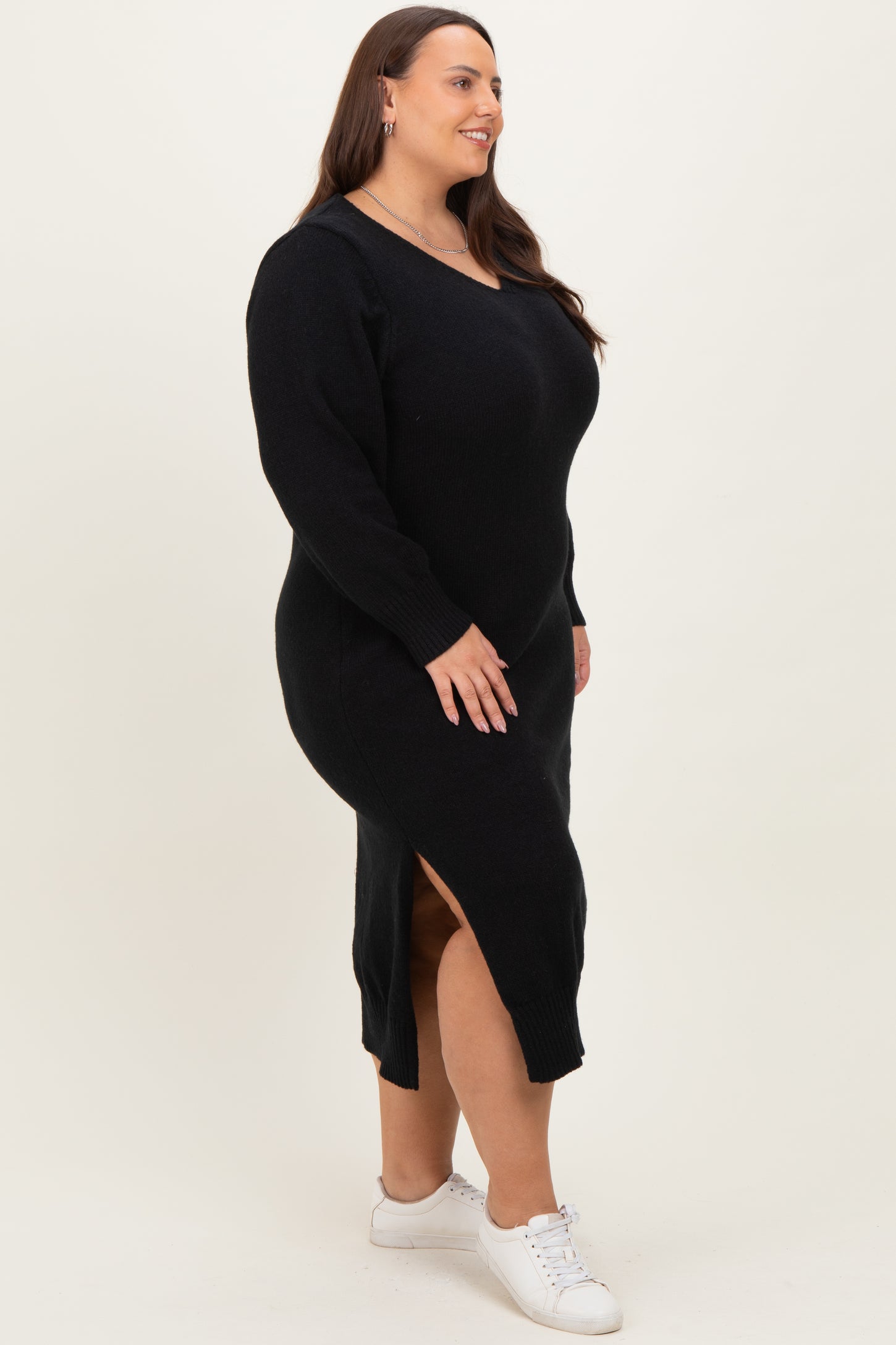 Black V-Neck Relaxed Fit Plus Sweater Dress