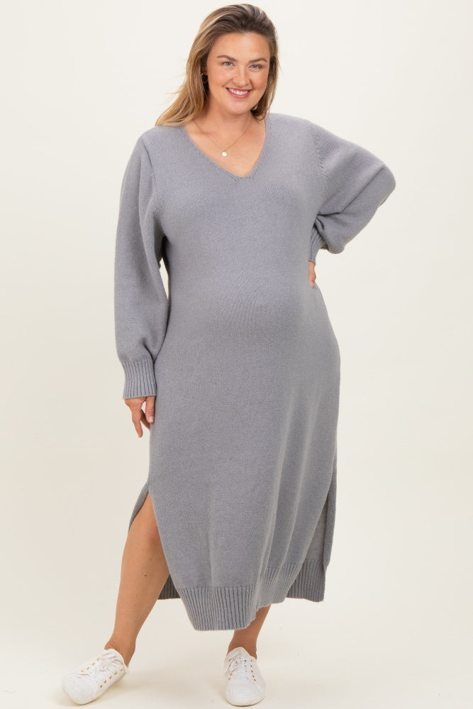 Heather Grey V-Neck Relaxed Fit Maternity Plus Sweater Dress
