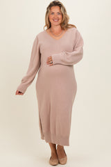 Taupe V-Neck Relaxed Fit Maternity Plus Sweater Dress