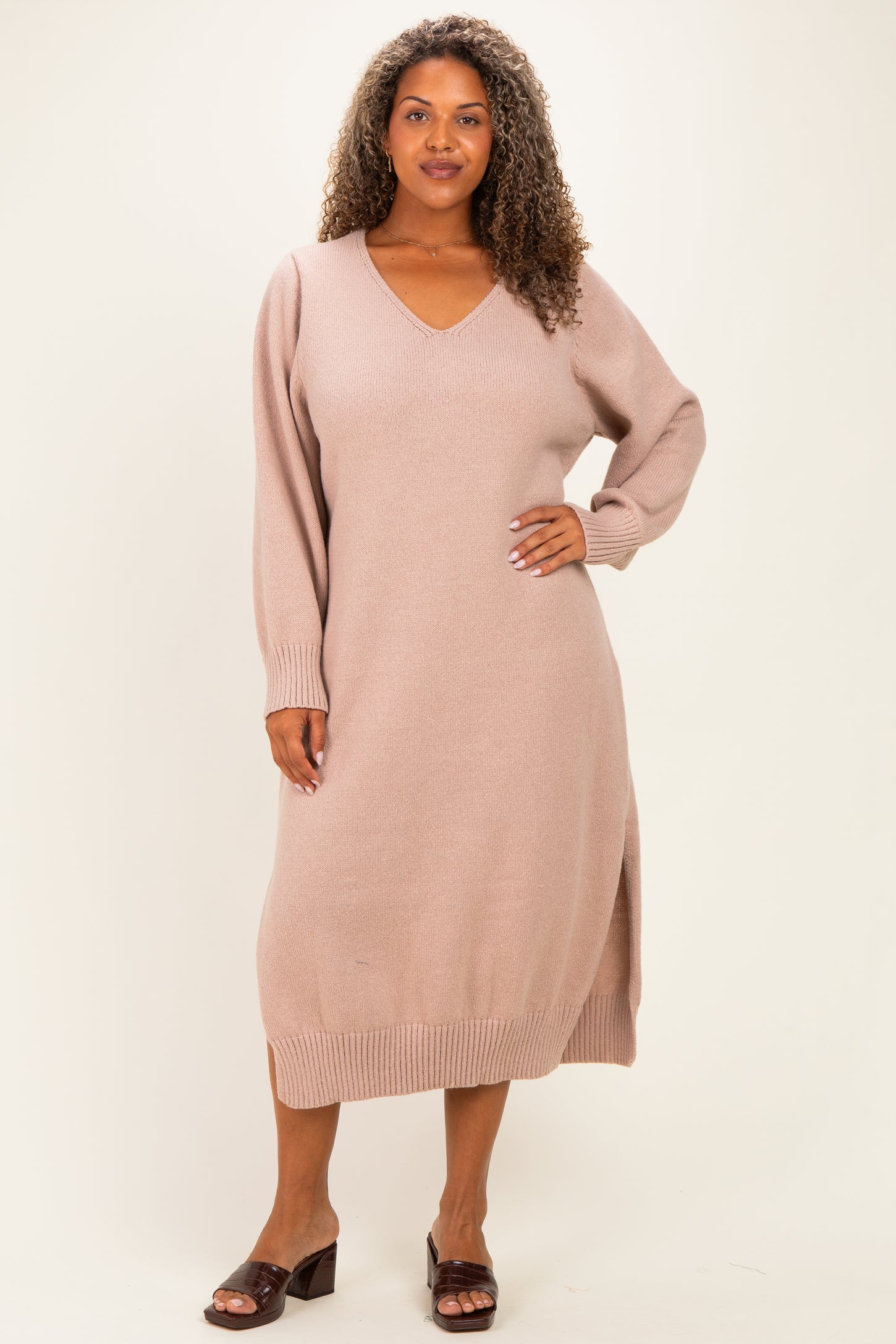 Taupe V-Neck Relaxed Fit Plus Sweater Dress