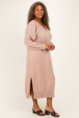Taupe V-Neck Relaxed Fit Plus Sweater Dress
