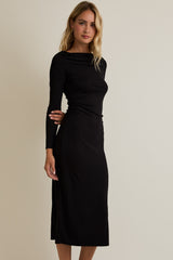 Black Boat Neck Ruched Long Sleeve Midi Dress