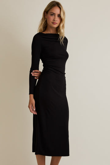 Black Boat Neck Ruched Long Sleeve Midi Dress