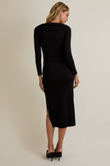 Black Boat Neck Ruched Long Sleeve Midi Dress