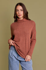 Rust Ribbed Turtle Neck Long Sleeve Top