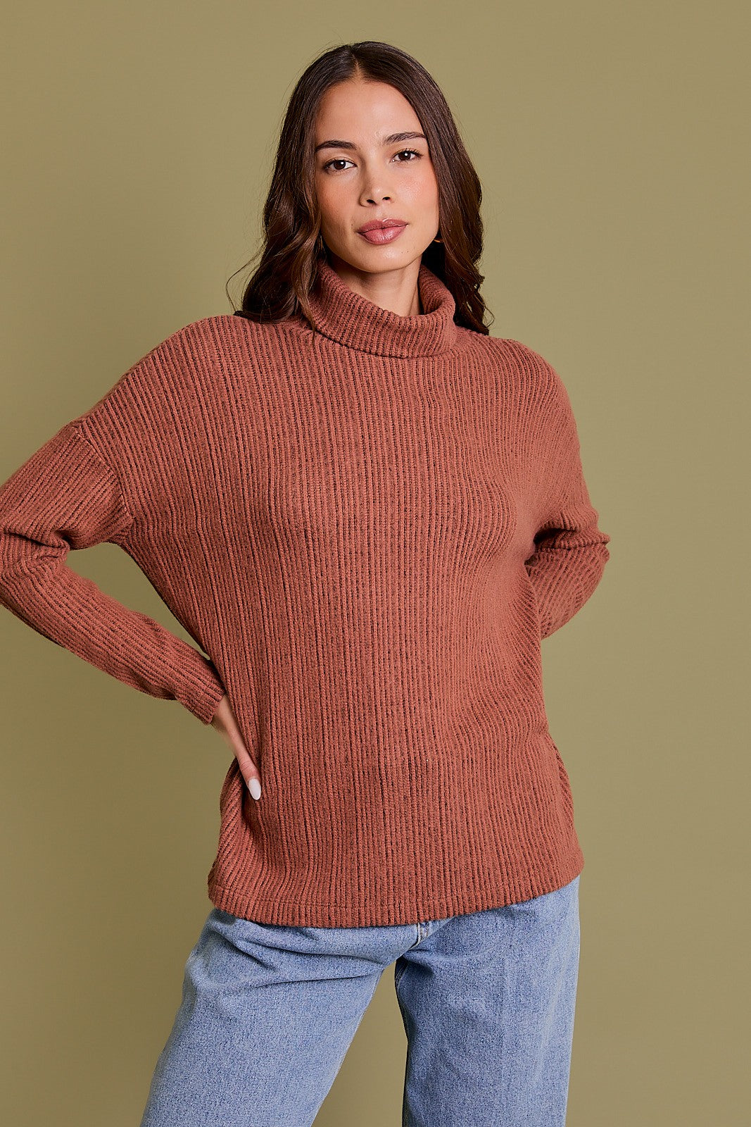 Rust Ribbed Turtle Neck Long Sleeve Top
