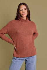 Rust Ribbed Turtle Neck Maternity  Long Sleeve Top