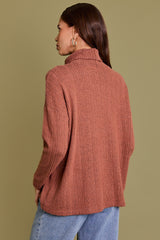 Rust Ribbed Turtle Neck Long Sleeve Top