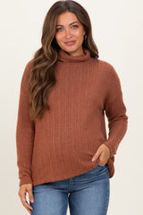 Rust Ribbed Turtle Neck Maternity  Long Sleeve Top