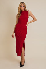 Red Glitter Ruched Side Slit Maternity Midi Dress