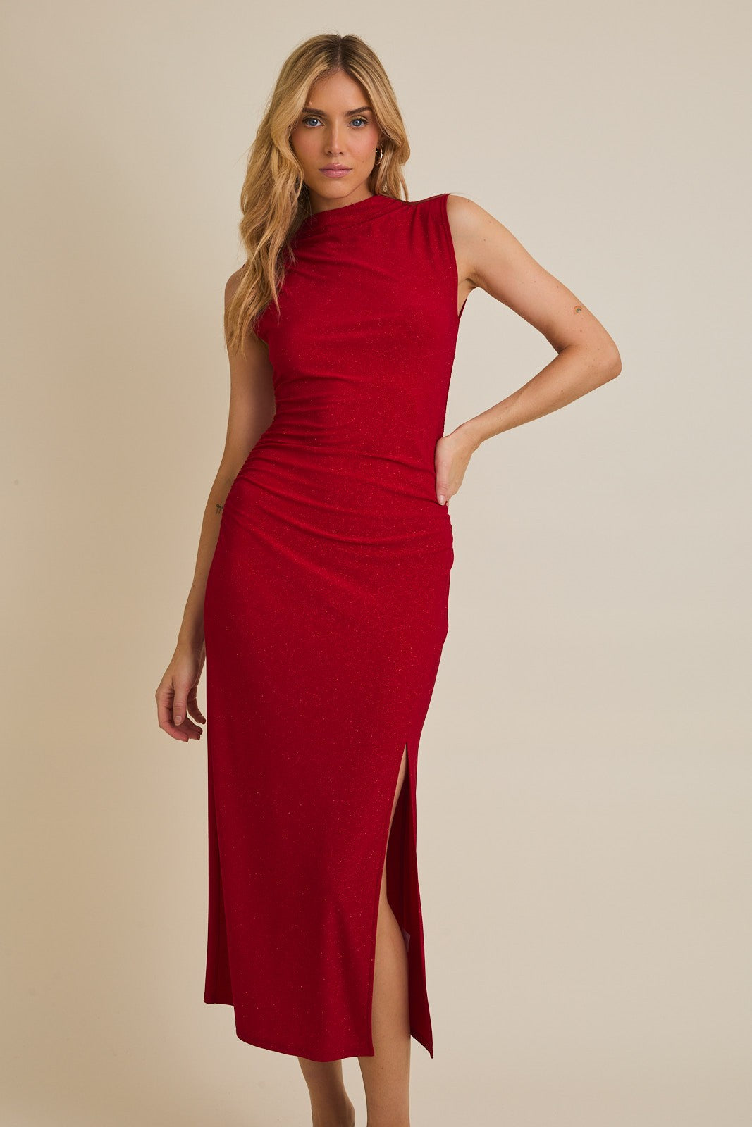 ruched side split dress Bandeau Ruched Side Split Leg Maxi Dress In Hot Pink Slinky | EGO US