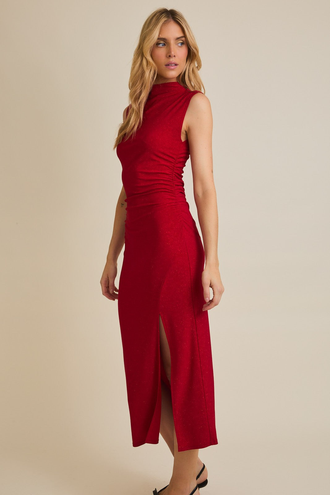 Red Glitter Ruched Side Slit Midi Dress Red Glitter Ruched Side Slit Midi Dress