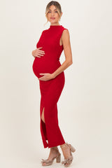 Red Glitter Ruched Side Slit Maternity Midi Dress