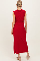 Red Glitter Ruched Side Slit Maternity Midi Dress