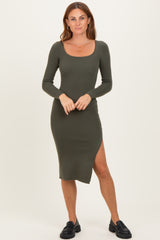 Olive Knit Square Neck Slit Maternity Midi Dress