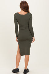 Olive Knit Square Neck Slit Midi Dress
