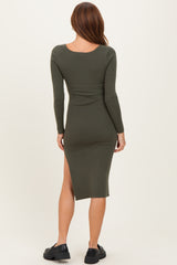 Olive Knit Square Neck Slit Midi Dress