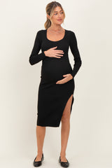 Black Knit Square Neck Slit Maternity Midi Dress