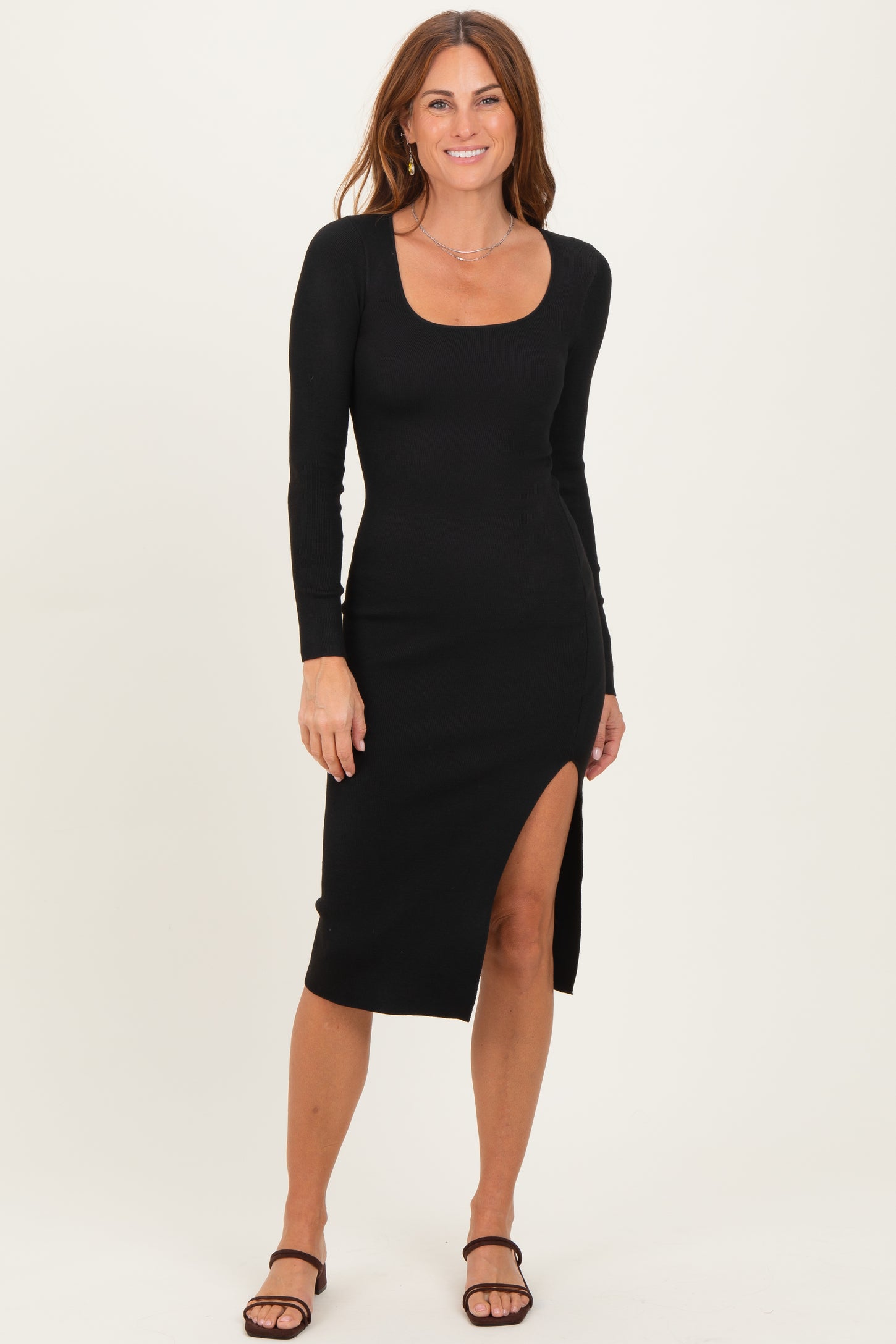 Black Knit Square Neck Slit Midi Dress PinkBlush Black Knit Square Neck Slit Midi Dress PinkBlush