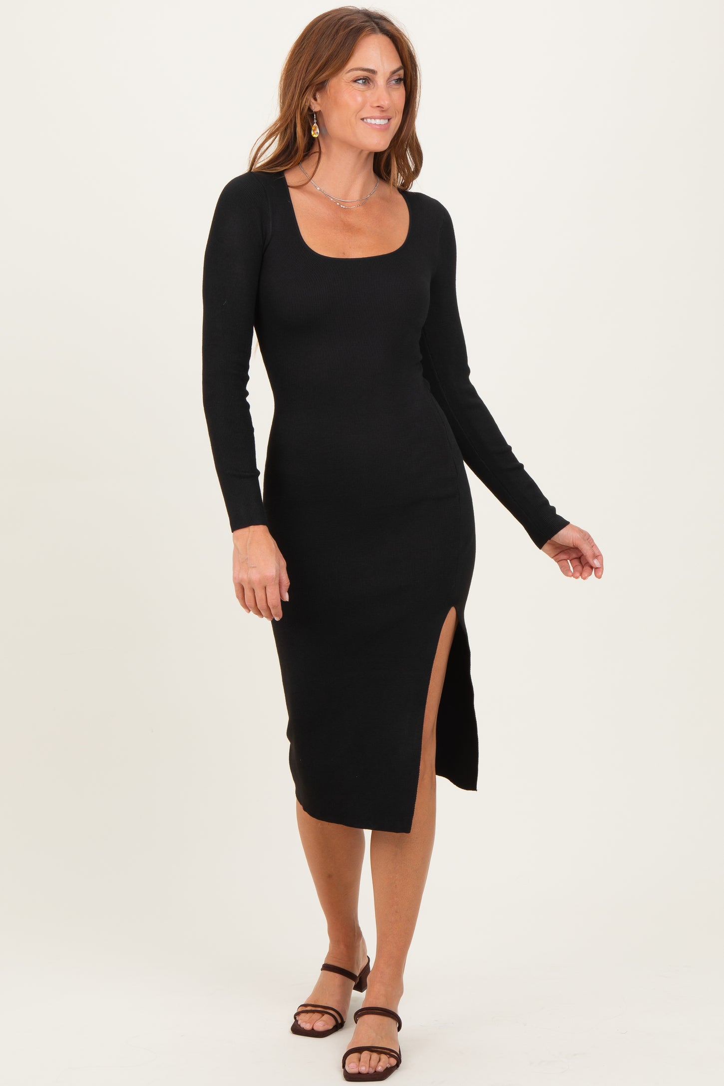 Black Knit Square Neck Slit Midi Dress