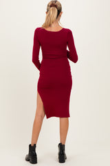 Burgundy Knit Square Neck Slit Maternity Midi Dress