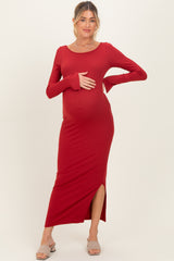 Red Scoop Back Long Sleeve Maternity Maxi Dress