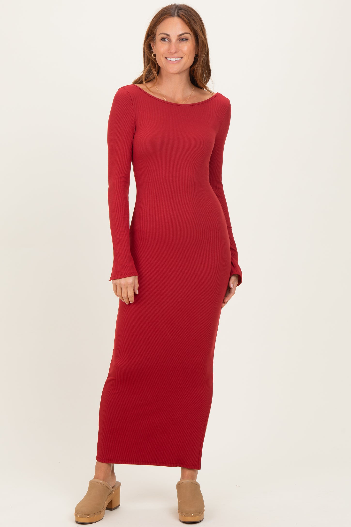 Red Scoop Back Long Sleeve Maxi Dress PinkBlush Red Scoop Back Long Sleeve Maxi Dress PinkBlush